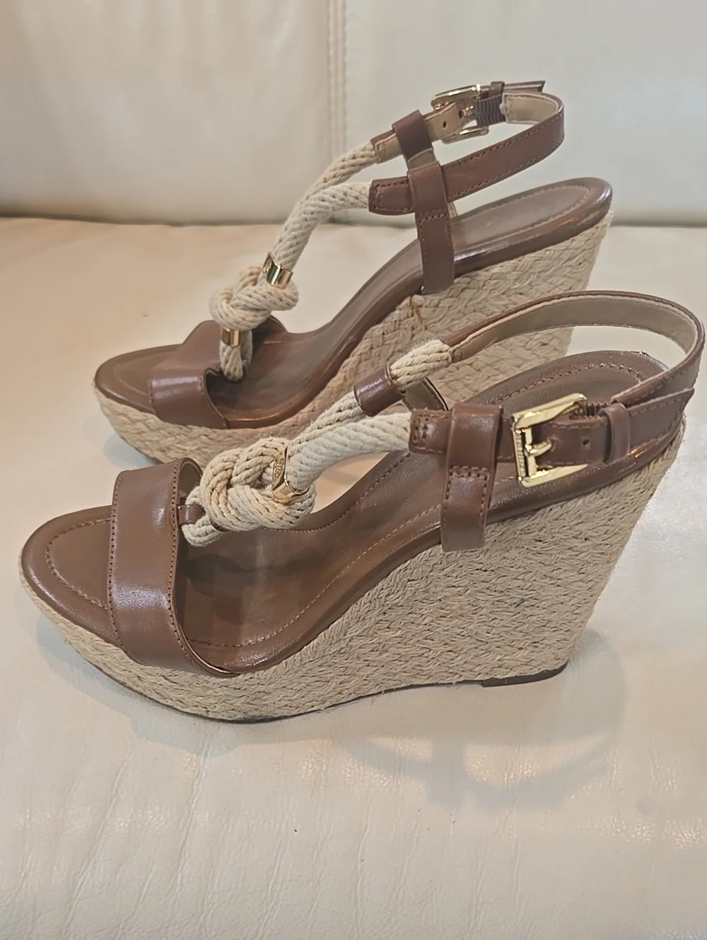 Michael Kors Woven Rope Knot Wedge Sandals - Brown Size 7